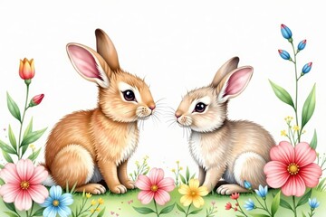 Delicate watercolor rabbits nestled amongst blooming wildflowers, seamless repeat , background pattern, artwork, fabric