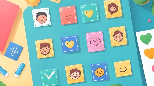 Flat vector layout of wellness achievement board with health sticker badges and cartoon faces