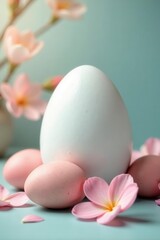 Giant white egg, pastel eggs, flower petals, cozy spring scene, vibrant colors, flowers