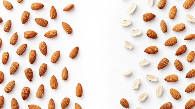 Whole and halved almonds are clearly displayed on a white background, showcasing their texture and shape. This image, created with generative AI, highlights the almonds in an isolated setting, allowin