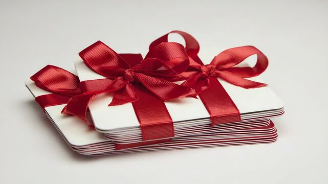 Arrangement of blank white gift cards stacked with tied elegant shiny red satin ribbons and bows