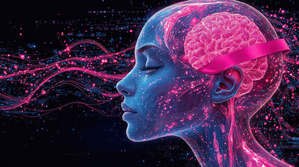 Serene female profile, translucent head revealing a pink brain adorned with a ribbon, surrounded by flowing digital particles