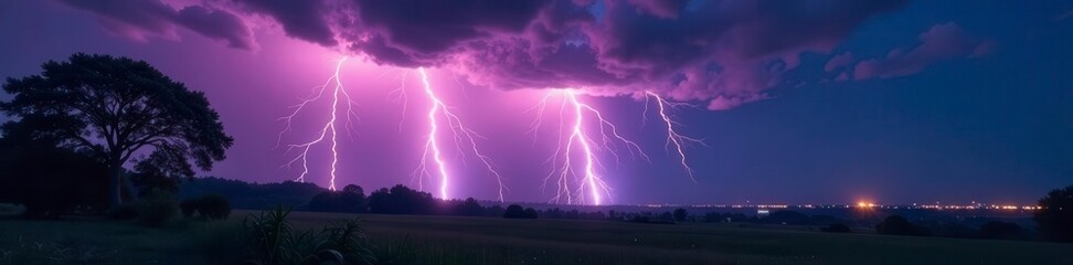 Jagged lightning strikes, illuminating rain-swept landscape, wild, tree