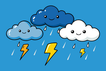 A cartoon weather icon shows a blue cloud with falling rain, a vector illustration for a rainy day