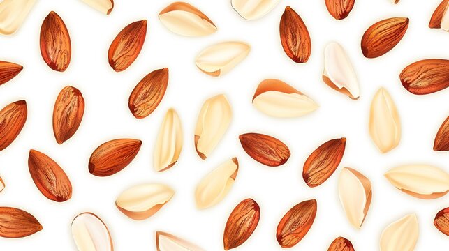 Whole and halved almonds are clearly displayed on a white background, showcasing their texture and shape. This image, created with generative AI, highlights the almonds in an isolated setting, allowin