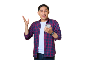 Surprised young Asian man in plaid shirt using smartphone and received good news isolated on transparent background