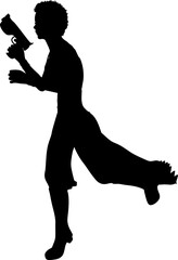 Silhouette of an armed female warrior running with a weapon. Dynamic silhouette of a strong female warrior running with a pistol in hand. Girl with gun in action, combat pose, sci-fi hero silhouette