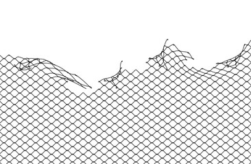 Broken metal mesh on a white background