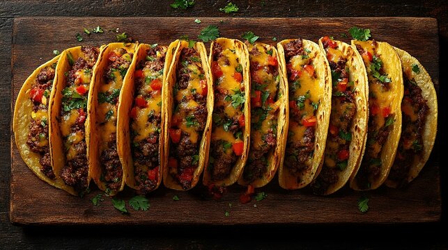 Mouth-Watering Tacos with Fresh Ingredients: Crispy Corn Shells, Vibrant Toppings and Mexican Street Food Styling in Top View
