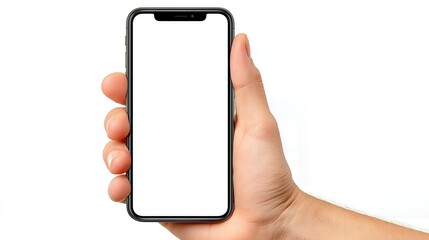 A hand grips a modern smartphone in a realistic photo, its blank screen and white background offering a clear and versatile technology concept.
