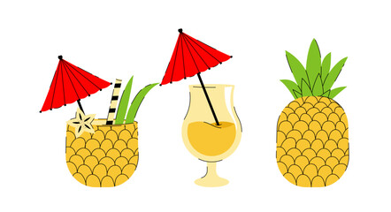 Set of summer tropical cocktails in glass and pineapple. Vector fruit collection on white background for interior, poster, banner