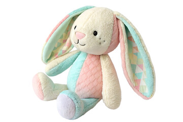 A pastel colored plush bunny with long ears and a soft texture sitting against a white background