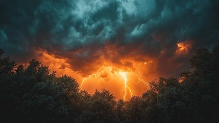 Fototapeta premium Dramatic storm clouds with vibrant lightning over trees