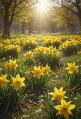Fototapeta premium Golden daffodils burst forth in a vibrant spring meadow , spring flowers, nature