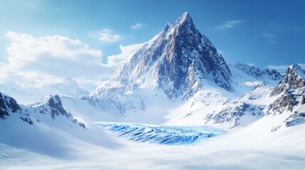 Obraz premium Majestic snow-covered mountains rise under a bright blue sky. The crisp air enhances the beauty of the icy landscapes. This scene invites adventure and exploration. Generative AI