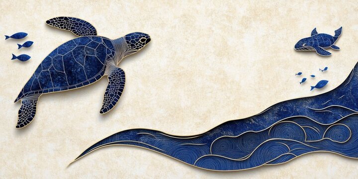 marine life postcard, flat-design postcard with bold marine animals like turtles and whales swimming in stylized waves, and a faded cloud-filled sky for custom text