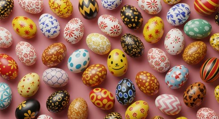 Colorful painted eggs on pink