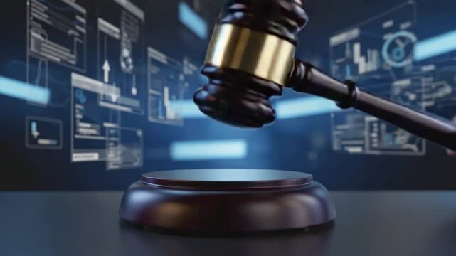 Digital auction gavel falling on virtual data
