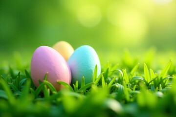 Fototapeta premium Pastel eggs nestled in vibrant green spring grass , easter backdrop, vibrant colors, grass