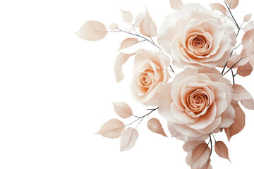 Elegant soft peach and cream roses with delicate leaves and branches on a white background perfect for floral arrangements romantic decor and beauty themes
