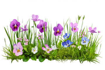 Colorful Wildflowers Blooming in Tall Grass Featu Purple Pansies and Blue Forget-Me-Nots in a Natural Meadow Scene with Green Stalks and Bright Petals