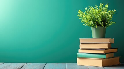 Books and plant on teal background