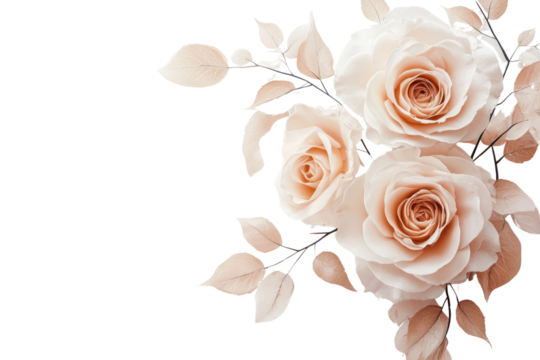 Elegant soft peach and cream roses with delicate leaves and branches on a white background perfect for floral arrangements romantic decor and beauty themes