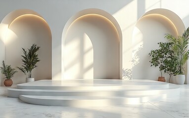 Fototapeta premium Modern, minimalist stage design with archways and plants.