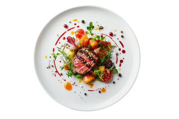 Gourmet dish featu perfectly grilled steak slices with colorful fresh vegetables and decorative sauce drizzle served on a white plate for fine dining