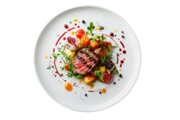 Gourmet dish featu perfectly grilled steak slices with colorful fresh vegetables and decorative sauce drizzle served on a white plate for fine dining
