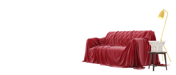 Red sofa with floor lamp on transparent background. Space for text.
