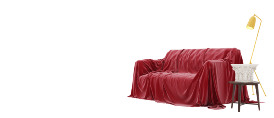 Red sofa with floor lamp on transparent background. Space for text.