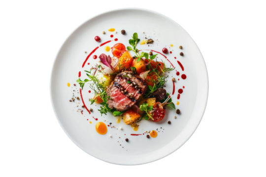 Gourmet dish featu perfectly grilled steak slices with colorful fresh vegetables and decorative sauce drizzle served on a white plate for fine dining
