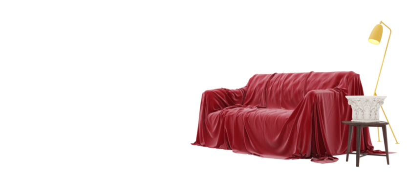 Red sofa with floor lamp on transparent background. Space for text.