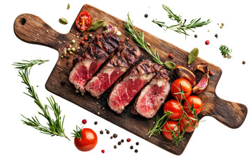 Juicy perfectly cooked medium rare steak slices on wooden cutting board garnished with cherry tomatoes herbs and spices for a delicious meat dish presentation