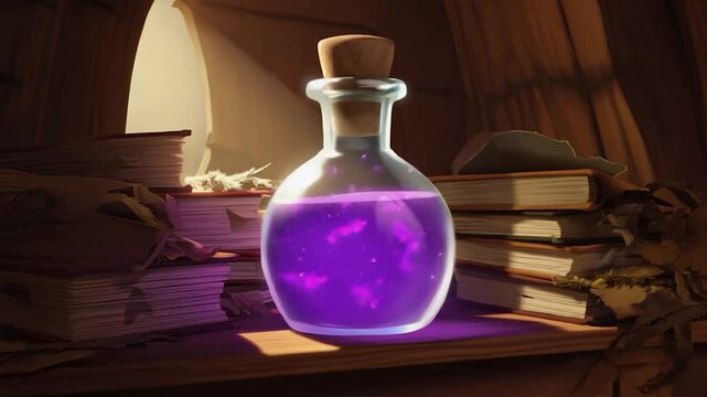 Magic potion on shelf amongst ancient books.  Possible use Stock photo