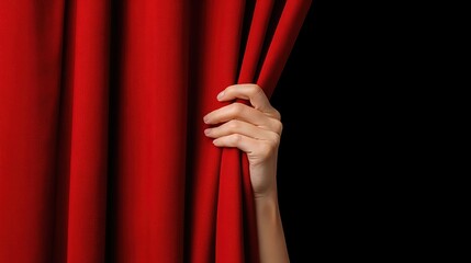 A hand gently pulls back a vibrant red velvet curtain, revealing a dark background, evoking anticipation and mystery in a theatrical stage setting.
