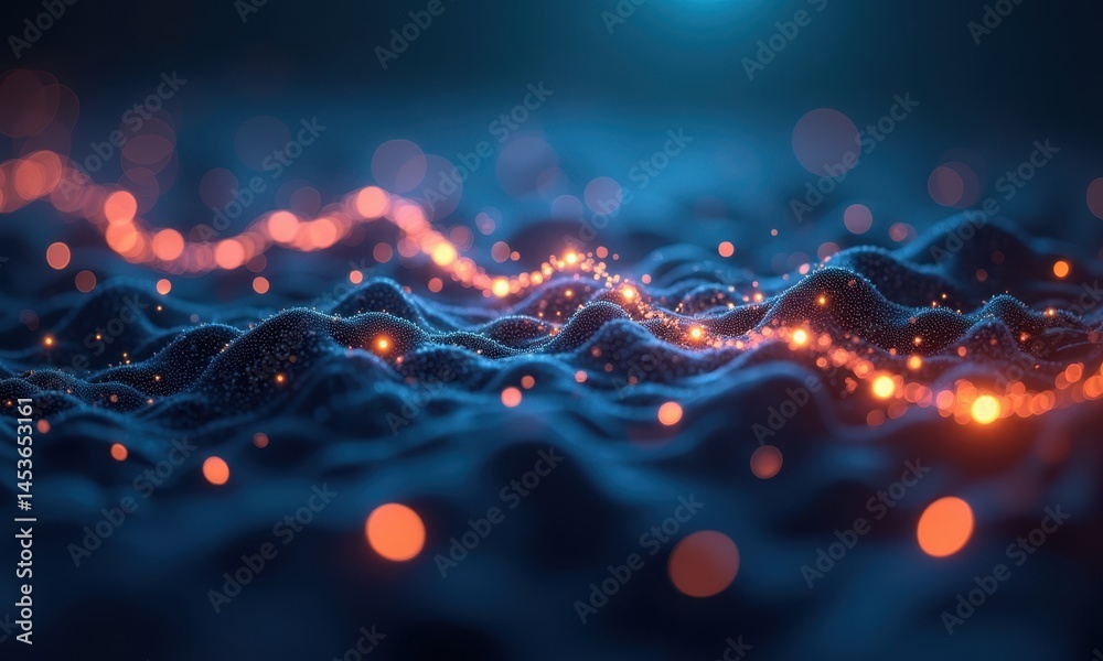 Poster dynamic energy flow patterns with glowing particles in motion