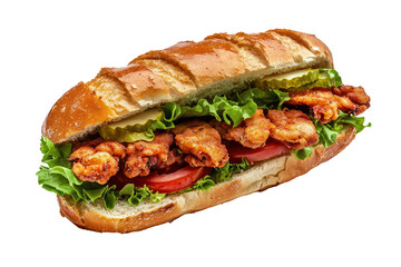 Freshly made crispy fried chicken sandwich with lettuce tomato pickle and mayonnaise on toasted baguette bread, delicious fast food meal option