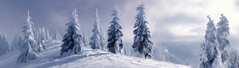 Fototapeta premium Tall snowcovered trees stand majestically in the winter wonderland