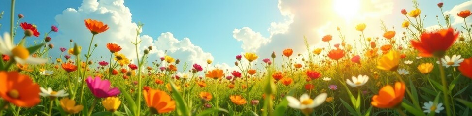 Obraz premium Sun-drenched field of wildflowers, diverse blooms , botany, vibrant