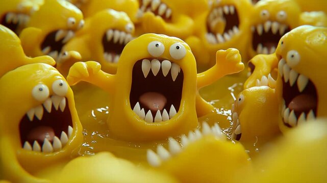 Aggressive yellow cartoon monsters with sharp teeth, tongues out, seemingly emerging from a viscous yellow liquid