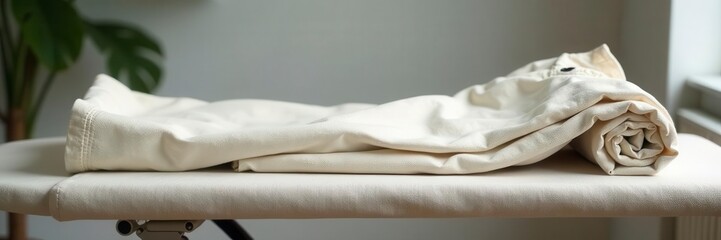 Perfectly pressed linen pants lie flat on ironing board, ready to wear, trousers, maintenance, detail