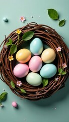 Pastel eggs nestled in a wicker wreath, overhead view , easter basket, pastel