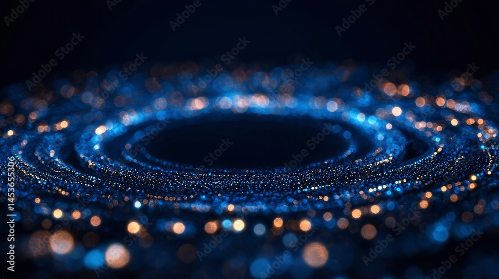 Poster swirling patterns of illuminated points in a circular formation, fading to darkness
