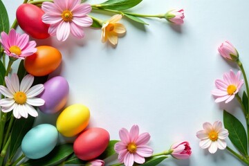 Vibrant eggs & spring blooms frame blank card, texture, paper