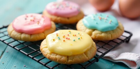 Vibrant pastel egg cookies cooling on wire rack, sugary glaze glistening , pastel, decoration, vanilla