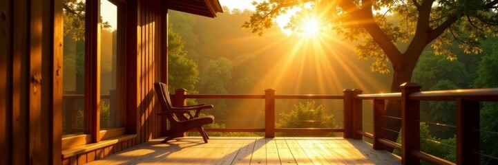 Warm sunlight streams through window onto wooden deck, treetops visible, planks, window, view