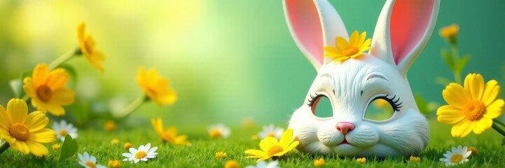 Whimsical rabbit mask; sunny yellow & green floral backdrop, botanical, vibrant