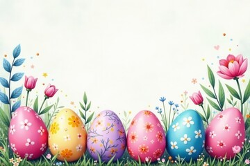 Watercolor Easter eggs, floral designs Delicate spring blooms, pastel colors , bunny, nature, holiday